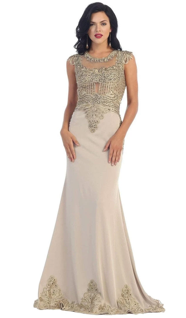 May Queen - RQ-7436 Gilded Sheer Jewel Sheath Evening Dress 9 May Queen - RQ-7436 Gilded Sheer Jewel Sheath Evening Dress