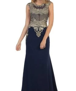 May Queen - RQ-7436 Gilded Sheer Jewel Sheath Evening Dress