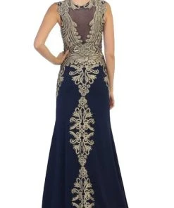 May Queen - RQ-7436 Gilded Sheer Jewel Sheath Evening Dress 12 May Queen - RQ-7436 Gilded Sheer Jewel Sheath Evening Dress