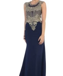 May Queen - RQ-7436 Gilded Sheer Jewel Sheath Evening Dress 14 May Queen - RQ-7436 Gilded Sheer Jewel Sheath Evening Dress