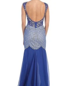 May Queen - RQ7212 Sheer Embellished Open Back Evening Dress Formal Gowns
