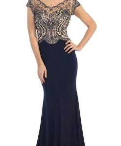 May Queen RQ7310 Illusion Embellished Bodice With Cap Sleeve Sheath Dress - 1 Pc Black In Size 6 Available