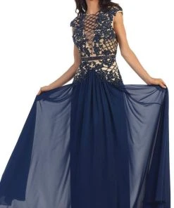Formal Gowns May Queen - RQ7340 Laced Deep Illusion V-Neck A-Line Evening Dress