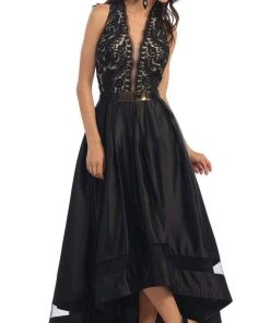 Formal Gowns May Queen - RQ7354 Lace Halter Neck Taffeta High Low Evening Gown