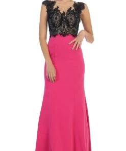 May Queen - RQ7457 Lace Applique Bodice Illusion Neck Evening Dress Formal Gowns