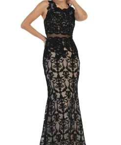 May Queen - RQ7460 Sleeveless Embellished Lace Sheath Evening Gown