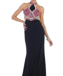 Formal Gowns May Queen - RQ7462 Halter Beaded Low Back Evening Dress