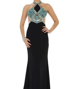 Formal Gowns May Queen - RQ7462 Halter Beaded Low Back Evening Dress