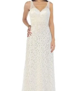 May Queen - RQ7470 Bedazzled V-neck Sheath Evening Dress Formal Gowns