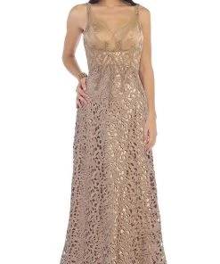 May Queen - RQ7470 Bedazzled V-neck Sheath Evening Dress Formal Gowns