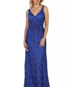 May Queen - RQ7470 Bedazzled V-neck Sheath Evening Dress Formal Gowns