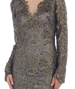 Formal Gowns May Queen - RQ7477 Long Sleeves Scallop Embellished Lace Evening Gown