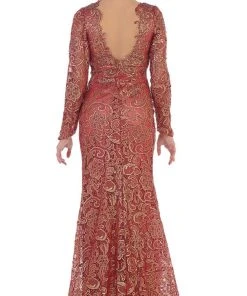 Formal Gowns May Queen - RQ7477 Long Sleeves Scallop Embellished Lace Evening Gown 13 Formal Gowns May Queen - RQ7477 Long Sleeves Scallop Embellished Lace Evening Gown