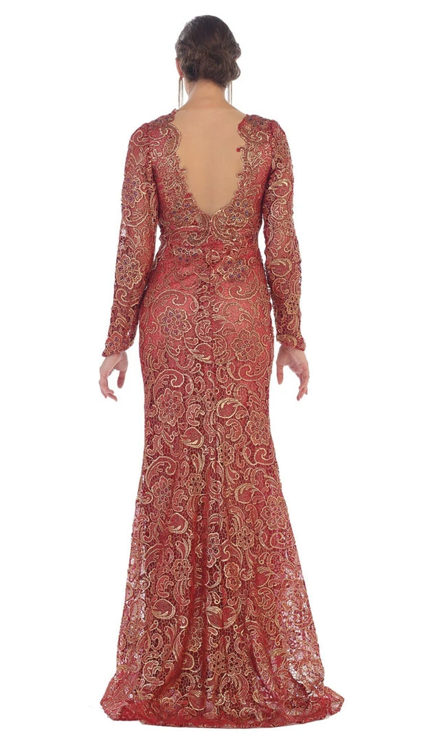 Formal Gowns May Queen - RQ7477 Long Sleeves Scallop Embellished Lace Evening Gown 8 Formal Gowns May Queen - RQ7477 Long Sleeves Scallop Embellished Lace Evening Gown