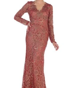 Formal Gowns May Queen - RQ7477 Long Sleeves Scallop Embellished Lace Evening Gown 12 Formal Gowns May Queen - RQ7477 Long Sleeves Scallop Embellished Lace Evening Gown