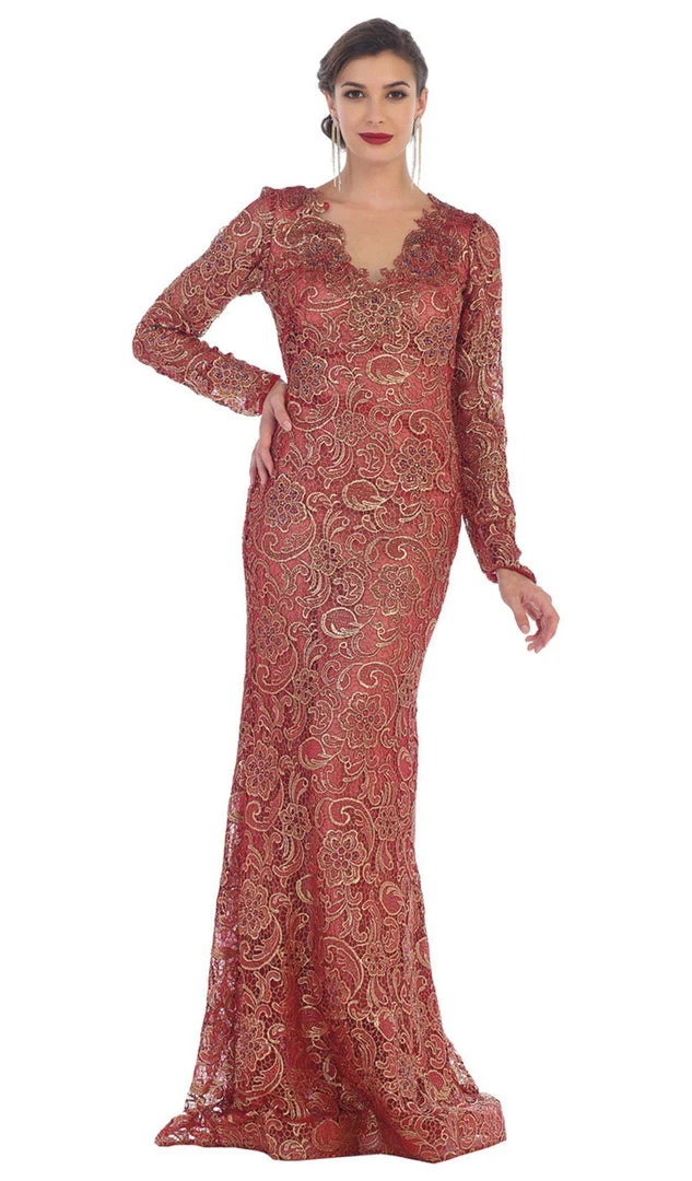 Formal Gowns May Queen - RQ7477 Long Sleeves Scallop Embellished Lace Evening Gown 7 Formal Gowns May Queen - RQ7477 Long Sleeves Scallop Embellished Lace Evening Gown
