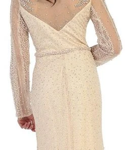 May Queen - RQ7483 Sheer Pearls And Rhinestone Mesh Evening Gown Formal Gowns
