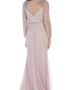 May Queen - RQ7483 Sheer Pearls And Rhinestone Mesh Evening Gown Formal Gowns