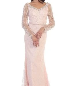 May Queen - RQ7483 Sheer Pearls And Rhinestone Mesh Evening Gown Formal Gowns