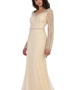 May Queen - RQ7483 Sheer Pearls And Rhinestone Mesh Evening Gown Formal Gowns