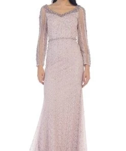 May Queen - RQ7483 Sheer Pearls And Rhinestone Mesh Evening Gown Formal Gowns