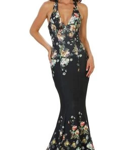 Formal Gowns May Queen - RQ7529 Deep V-Neck Floral Print Mermaid Evening Gown