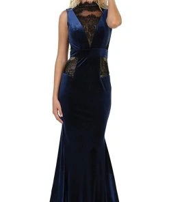 May Queen - RQ7531 Lace Illusion High Neck Sheath Evening Dress