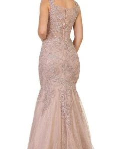 May Queen - RQ7544 Beaded Lace Square Neck Trumpet Evening Dress