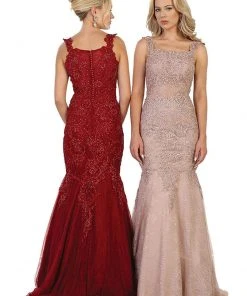 May Queen - RQ7544 Beaded Lace Square Neck Trumpet Evening Dress
