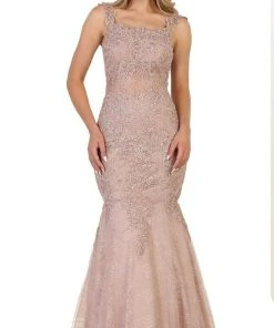 May Queen - RQ7544 Beaded Lace Square Neck Trumpet Evening Dress