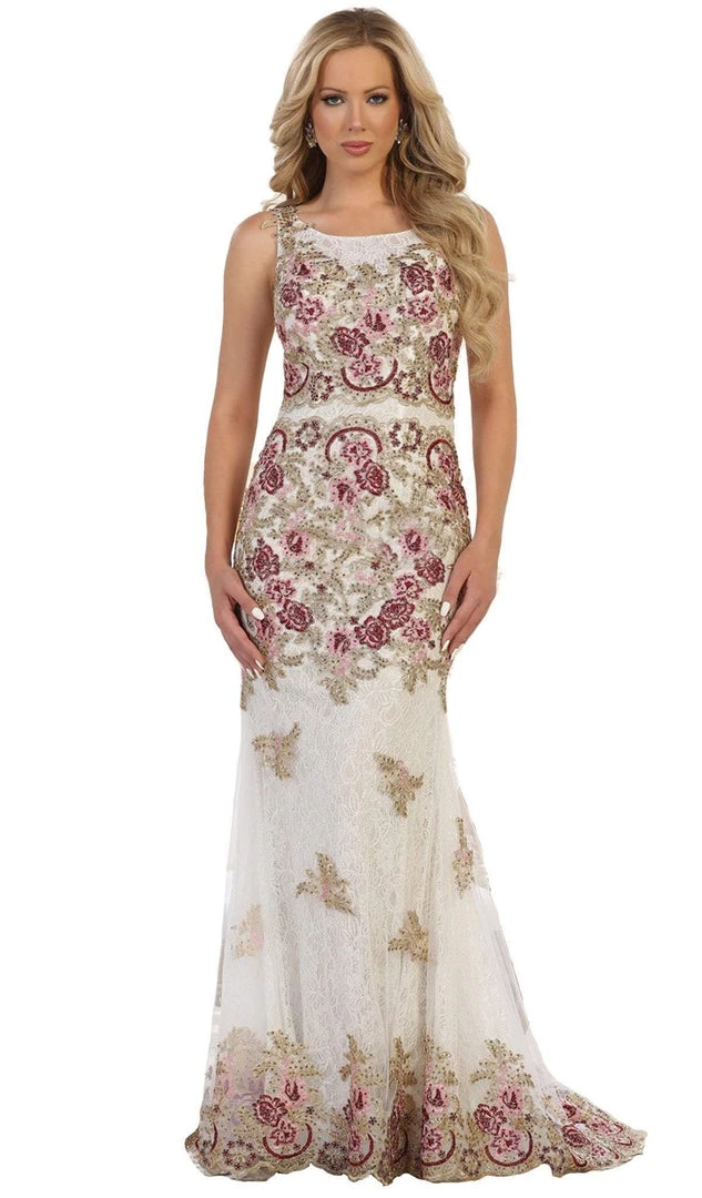 Formal Gowns May Queen - RQ7545 Multi-Colored Floral Lace Bateau Sheath Evening Gown