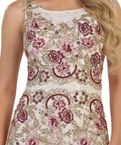 Formal Gowns May Queen - RQ7545 Multi-Colored Floral Lace Bateau Sheath Evening Gown