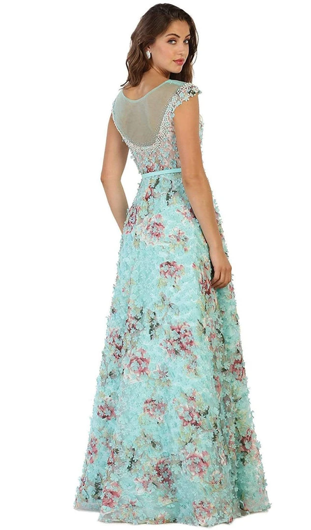 May Queen - RQ7554 Cap Sleeve Floral Embellished A-line Evening Gown 10 May Queen - RQ7554 Cap Sleeve Floral Embellished A-line Evening Gown