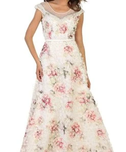 May Queen - RQ7554 Cap Sleeve Floral Embellished A-line Evening Gown 14 May Queen - RQ7554 Cap Sleeve Floral Embellished A-line Evening Gown