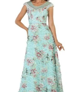 May Queen - RQ7554 Cap Sleeve Floral Embellished A-line Evening Gown 16 May Queen - RQ7554 Cap Sleeve Floral Embellished A-line Evening Gown