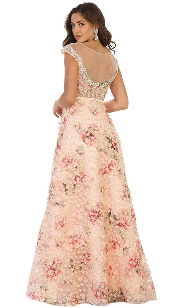May Queen - RQ7554 Cap Sleeve Floral Embellished A-line Evening Gown 5 May Queen - RQ7554 Cap Sleeve Floral Embellished A-line Evening Gown