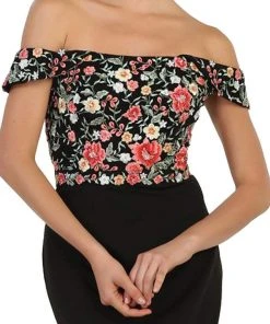 May Queen - RQ7564 Floral Applique Off-Shoulder Fitted Evening Dress Formal Gowns