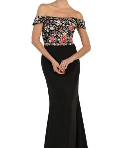 May Queen - RQ7564 Floral Applique Off-Shoulder Fitted Evening Dress Formal Gowns