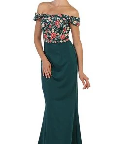 May Queen - RQ7564 Floral Applique Off-Shoulder Fitted Evening Dress Formal Gowns