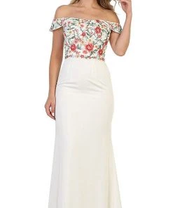 May Queen - RQ7564 Floral Applique Off-Shoulder Fitted Evening Dress Formal Gowns