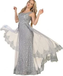 May Queen - RQ7568 Beaded Lace Illusion Bateau Sheath Mother Of The Bride Dress