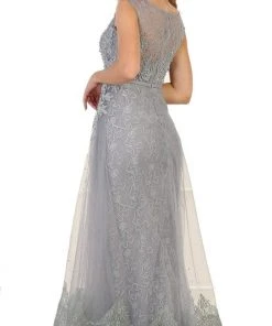 May Queen - RQ7568 Beaded Lace Illusion Bateau Sheath Mother Of The Bride Dress