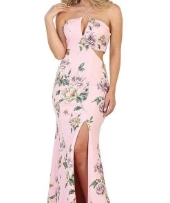 May Queen - RQ7580 Haltered Floral Print Sheath Evening Gown With Side Slit Formal Gowns