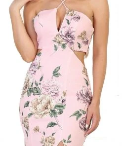 May Queen - RQ7580 Haltered Floral Print Sheath Evening Gown With Side Slit Formal Gowns