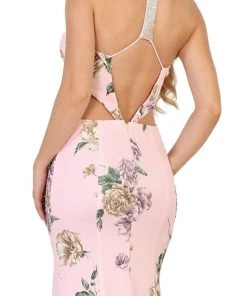 May Queen - RQ7580 Haltered Floral Print Sheath Evening Gown With Side Slit Formal Gowns