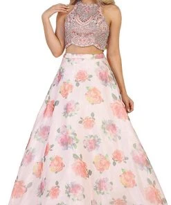 May Queen - RQ7581 Beaded Jewel Neck Two-Piece Floral A-line Formal Gown
