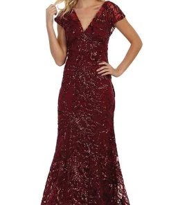 May Queen - RQ7585 Plunging V-neck Embellished Trumpet Mother Of The Bride Gown Formal Gowns