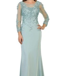 May Queen - RQ7594 Embellished Long Sleeve Illusion Scoop Sheath Mother Of The Bride Gown