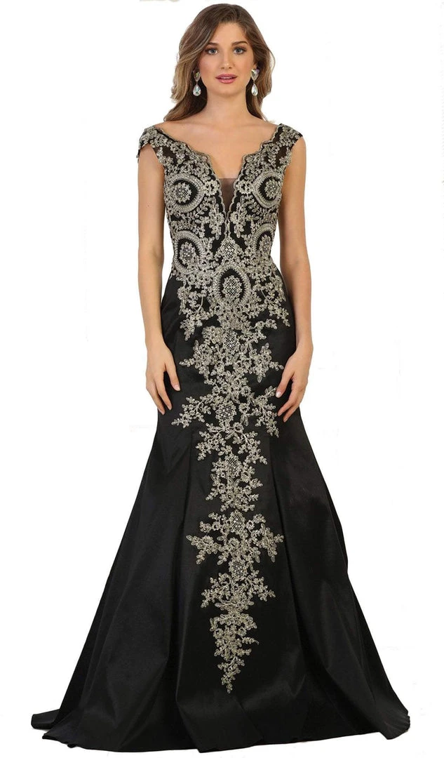 Formal Gowns May Queen - RQ7602 Embellished Wide V-neck Sheath Mother Of The Bride Gown 5 Formal Gowns May Queen - RQ7602 Embellished Wide V-neck Sheath Mother Of The Bride Gown