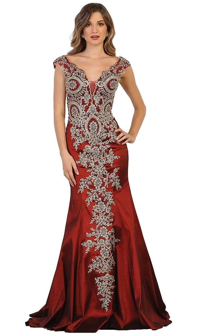 Formal Gowns May Queen - RQ7602 Embellished Wide V-neck Sheath Mother Of The Bride Gown 3 Formal Gowns May Queen - RQ7602 Embellished Wide V-neck Sheath Mother Of The Bride Gown